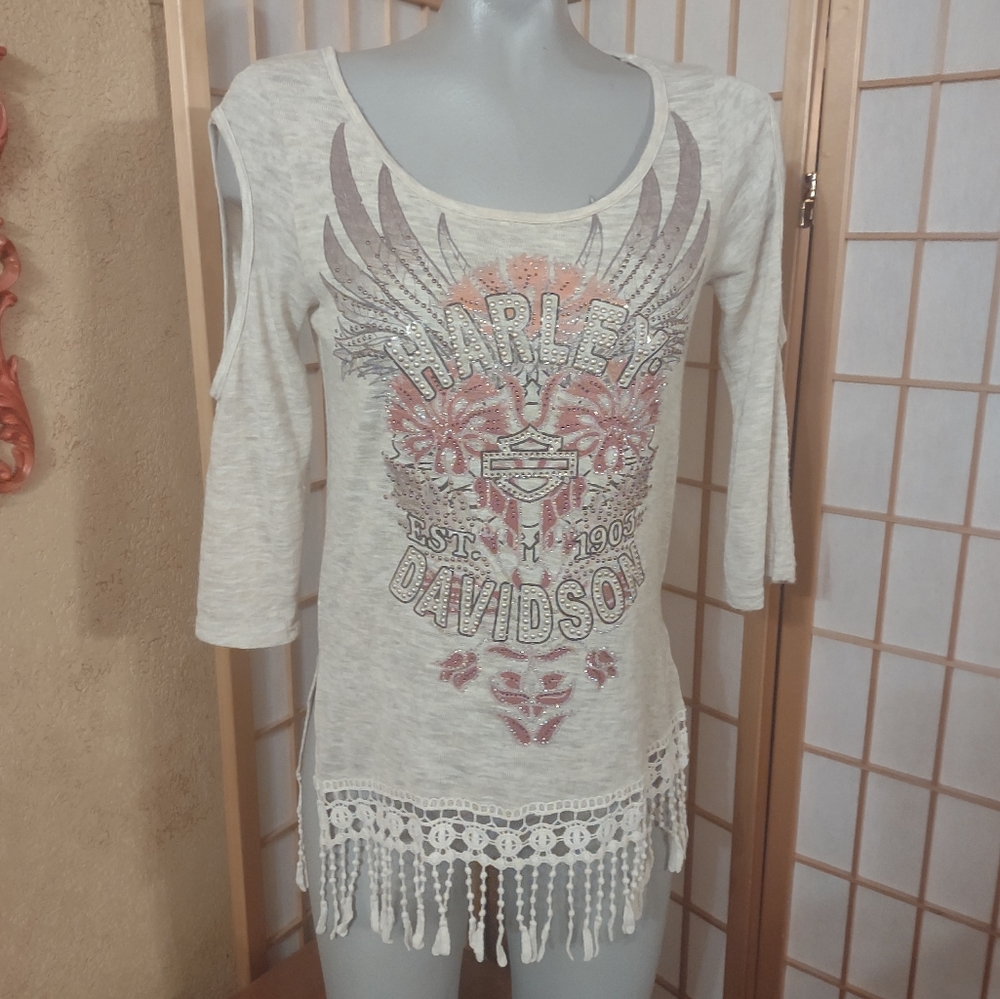 Harley-Davidson Cream Long Sleeve Fringe Tee with Pink Metallic Graphic